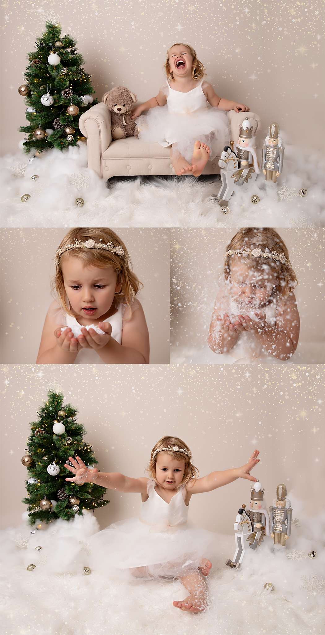 3 year old girl at her Christmas photoshoot playing with fake snow and laughing at her parents