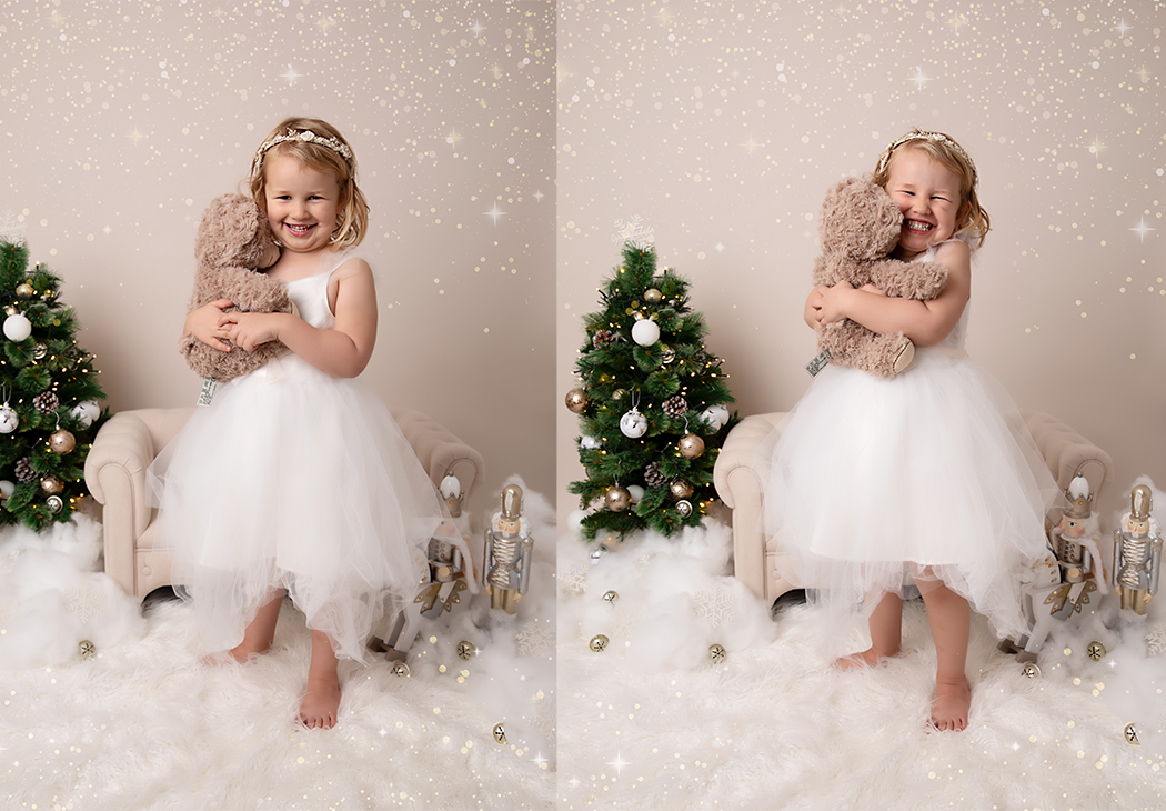 Young girl cuddling a teddy bear at her Christmas photoshoot 